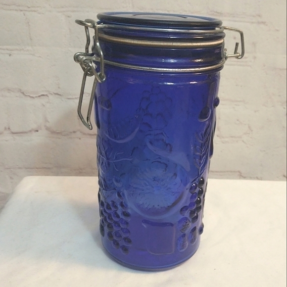 Vintage Cobalt Blue Glass Fruit Embossed Canister with Metal Hinged Lid 7.75" - Picture 5 of 10